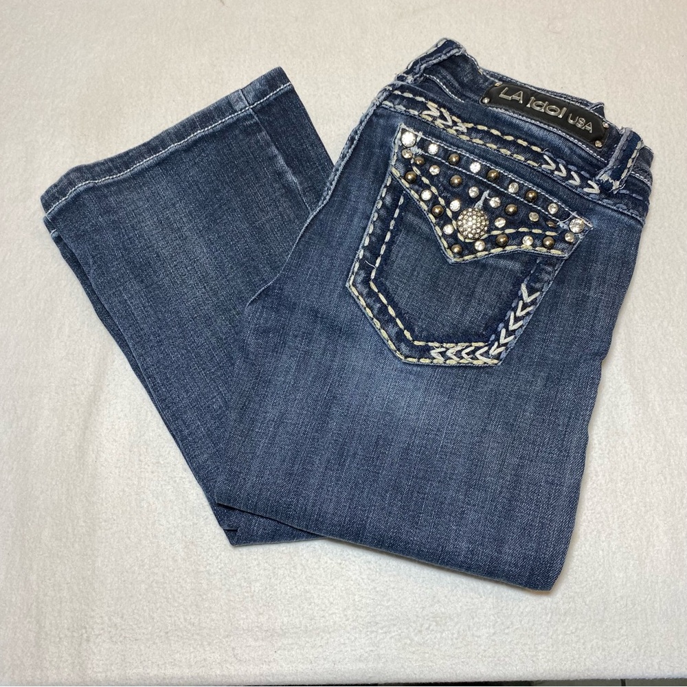 LA Idol Jeans Bootcut Studded Embroidered Medium Wash Mid Rise Women’s 5 29x34